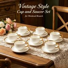 Light Luxury Gold Rim Vertical Stripe White Porcelain Coffee Cup And Saucer Set, Home Afternoon Tea Ceramic Small Teacup Gift Box - Multicolor - View 4