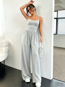Women's Pleated Skirt Wide Leg Jumpsuit, Sleeveless Square Neck Casual Summer Jumpsuit, Adjustable Shoulder Straps # Vest Jumpsuit # Wide Leg Jumpsuit # Summer Jumpsuit#Club Outfits For Women - Màu xám * Phong cách đa năng mùa hè - Xem 1