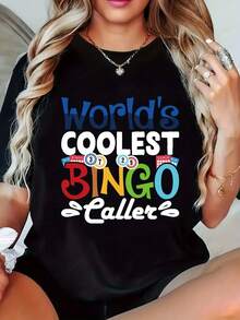 Women's T-shirt Camiseta divertida estampada de manga corta y cuello redondo, adecuada para la ropa de mujer de verano y primavera. - Negro - Ver 1