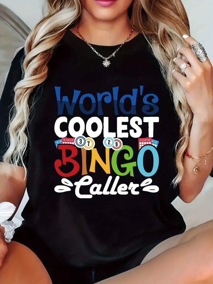 Women's T-shirt Camiseta divertida estampada de manga corta y cuello redondo, adecuada para la ropa de mujer de verano y primavera. - Negro - Ver 1