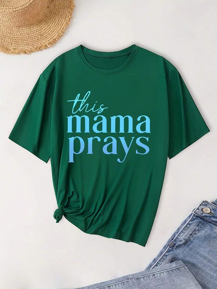 2026 Camiseta Holgada con Estampado de Oración para Mamá, Camiseta Casual de Cuello Redondo y Manga Corta, Camiseta Holgada para Mujer - Verde - Ver 1