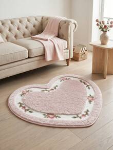 1pc Rose Flower Heart-Shaped Doormat, Pink Faux Wool Absorbent Bath Mat, Bathroom Rug, Small Carpet For Home & Garden - A - View 2