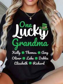 TrendyCamisetersonalizada Del Día De San Patricio Una Abuela Afortunada Con Nombres, Regalo Personalizado De La Familiara La Abuela, Madre, Mujer, Para Usar En Las Festividades De 2024 Round Neck Printed Short Sleeve Casual Everyday T-Shirt, They Are Excellent Gifts For Friends And Family,100% Cotton T-Shirts Feature, A Youthful And Fashionable DesignEveryday Wear - Negro - Ver 6