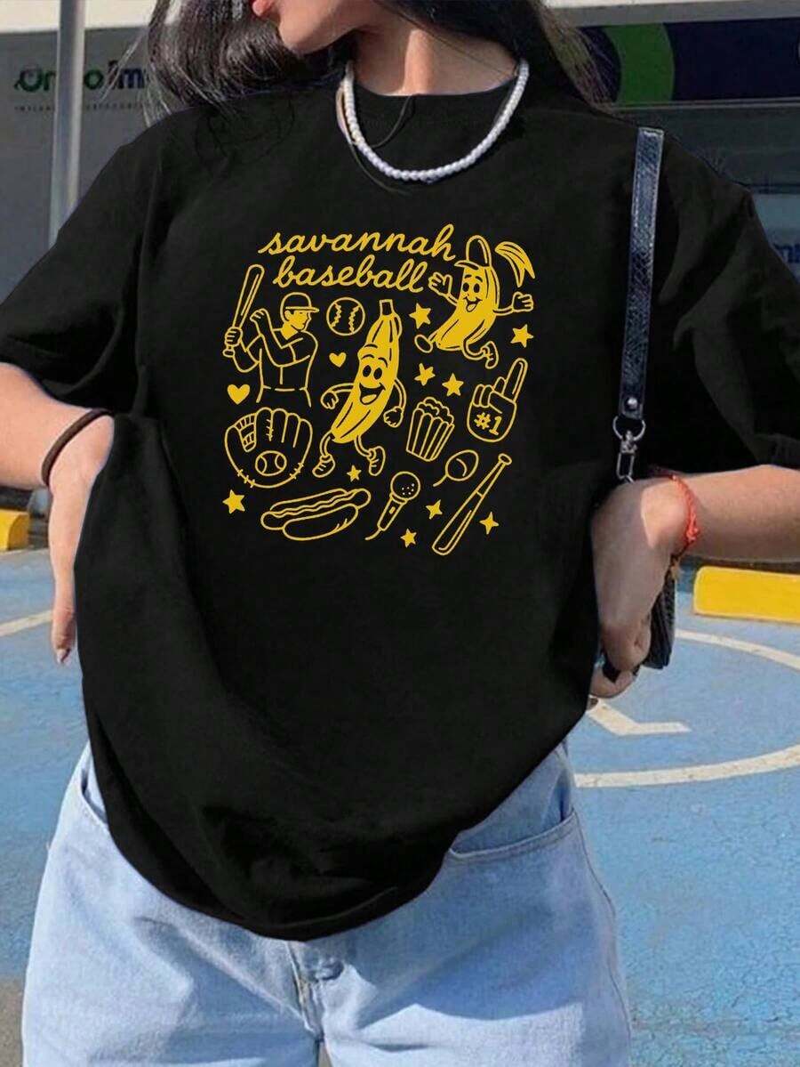 1 pieza de camiseta gráfica de béisbol Savannah, de manga corta y cuello redondo, estilo casual, para verano y primavera, camiseta para mujer, 180g, 100% algodón. - Negro - Ver 1