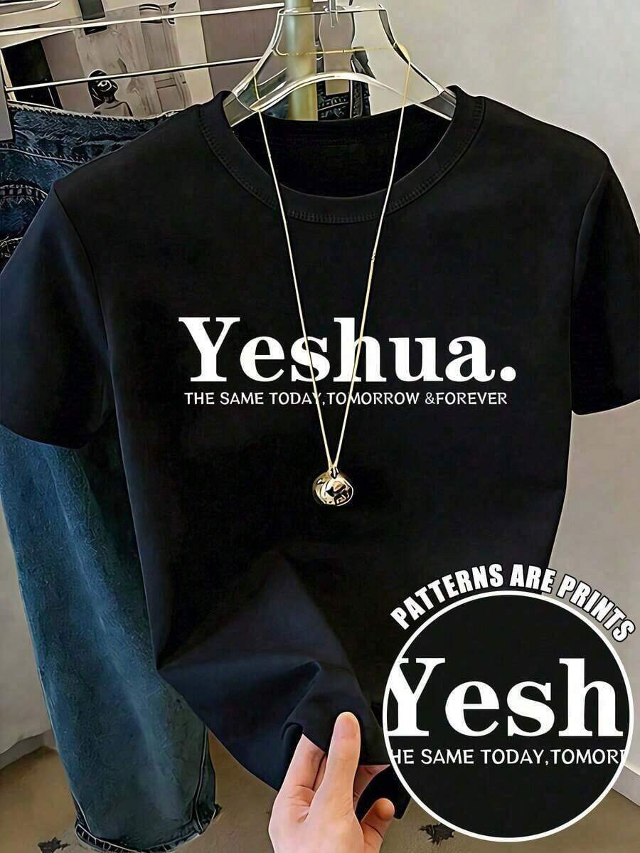 Camiseta de manga corta casual de verano para mujer con cuello redondo y estampado de letras, Yeshua THE SAME TODAY, TOMORROW FOREVER, camisetas gráficas para mujer, blusa casual de mujer, playeras de mujer de algodón. - Negro - Ver 1