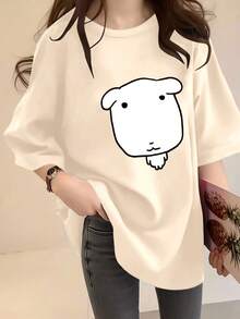 Ganadi, camiseta de gran tamaño con estampado divertido de cachorro de cara cuadrada, de corte holgado y manga corta, adecuada para estudiantes y para desplazamientos en el campus, camisetas blancas originales para mujer. - Albaricoque - Ver 7