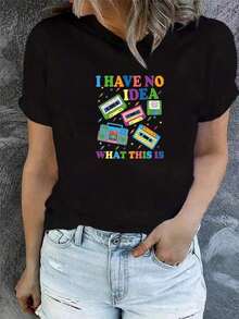Camiseta con Estampado de Cinta Retro |     Camiseta de manga corta para mujer, cuello redondo casual, diseño de bloques de color, corte regular, para todas las estaciones. - Negro - Ver 1