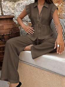 Conjunto informal de verano de 2 piezas de algodón de unicolor elegante para mujer Just Masa, incluye blusa holgada de manga corta con cuello vuelto y pantalones de pierna ancha con cintura elástica, adecuado para vacaciones, viajes, ir al trabajo, citas, playa y uso diario - Marrón - Ver 9