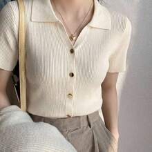 Camiseta de punto con cuello polo y mangas raglán cortas para mujer, nueva para primavera/verano, cárdigan casual ligero - Gris - Ver 6