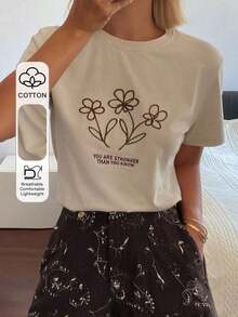 Soft Camiseta de mujer de cuello redondo y manga corta con bordado floral y decoración de letras, estilo gráfico de vacaciones y ciudad casual pattern - Albaricoque - Ver 7
