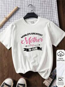 1 pieza de camiseta holgada para mujer con diseño de "Madre de la Novia", de manga corta casual con estampado de corazón cálido, top versátil para regalo de vacaciones y como recuerdo conmemorativo. 180g Algodón 100%. - Blanco 1 - Ver 3