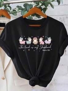 Nueva Camiseta Religiosa de Pascua de Manga Corta para Mujer, Estilo Casual de Verano, Ropa de Calle Festiva, Estilo Curativo, Ropa de Mujer, Nueva Camiseta de Moda Primavera/Verano 2026 con Cuello Redondo, Top Casual Vintage de Corte Holgado, Estilo Urbano Vintage, Camiseta Unisex de Algodón de Manga Corta con Cuello Redondo y Corte Holgado. - Negro - Ver 6