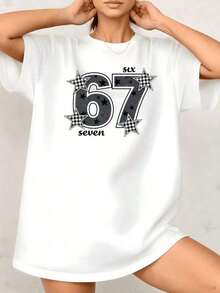 1 pieza Camiseta de Mujer con Estampado Gráfico Retro Vintage de Números y Estrellas, Estilo Casual Urbano, 100% Algodón, Cuello Redondo - Estilo Urbano Vintage, Unisex, Camiseta Holgada de Manga Corta con Cuello Redondo de Algodón. - Blanco - Ver 6