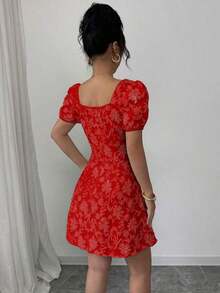 Vestido de mujer de manga abullonada y cuello cuadrado, de moda para el verano - Rosa - Ver 2
