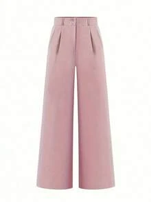 Pantalones Con Pierna Ancha Y Pliegues En Color Sólido Con Bolsillos Diagonales - Rosa - Ver 3