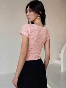 Blusa casual de mujer de unicolor con botones delanteros y mangas cortas, top lindo para uso diario - Rosa 2 - Ver 2