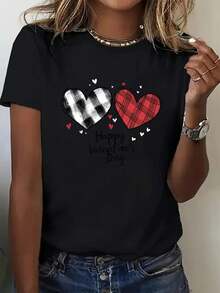 Camiseta ligera y transpirable para mujer, ideal para San Valent■n, con un diseo a cuadros y corazones con el texto "Feliz San Valent■n", cuello redondo, mangas cortas, corte regular, perfecta para el verano y looks casuales. Lavable a m£quina, top moderno para la temporada | Diseo de corazones a cuadros | Estampado, regalo perfecto para San Valent■n, Levina, camiseta estampada para mujer, camiseta de mujer, camiseta, top de lunares para mujer, camiseta gr£fica para mujer, blusa para mujer, - Negro - Ver 2