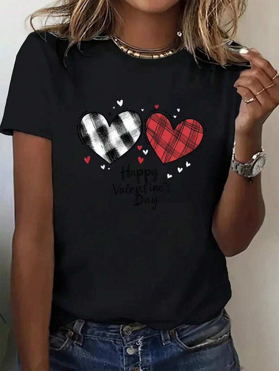Camiseta ligera y transpirable para mujer, ideal para San Valent￭n, con un dise￱o a cuadros y corazones con el texto "Feliz San Valent￭n", cuello redondo, mangas cortas, corte regular, perfecta para el verano y looks casuales. Lavable a m£quina, top moderno para la temporada | Dise￱o de corazones a cuadros | Estampado, regalo perfecto para San Valent￭n, Levina, camiseta estampada para mujer, camiseta de mujer, camiseta, top de lunares para mujer, camiseta gr£fica para mujer, blusa para mujer,