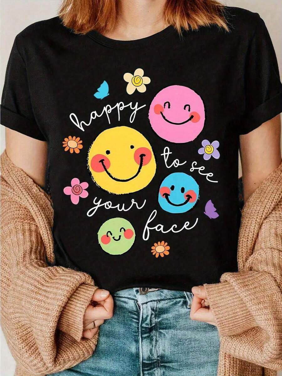 Funny Cartoon Face Print T-Shirt, Summer 2026 Novelty, Back To School Teacher T-Shirt, "It's A Pleasure To See You" T-Shirt, Teacher Life T-Shirt, Teacher Appreciation Gift, Teacher's Day Gift, Urban Retro T-Shirt For Everyday Wear. - 黑色 - 查看 1