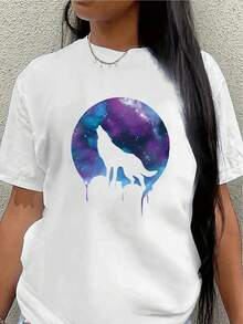 Camiseta de manga corta, ligera y duradera, con diseño de lobo galáctico, es perfecta para uso casual en casa o al salir, ofreciendo una experiencia de uso cómoda en el día a día. - Blanco - Ver 7