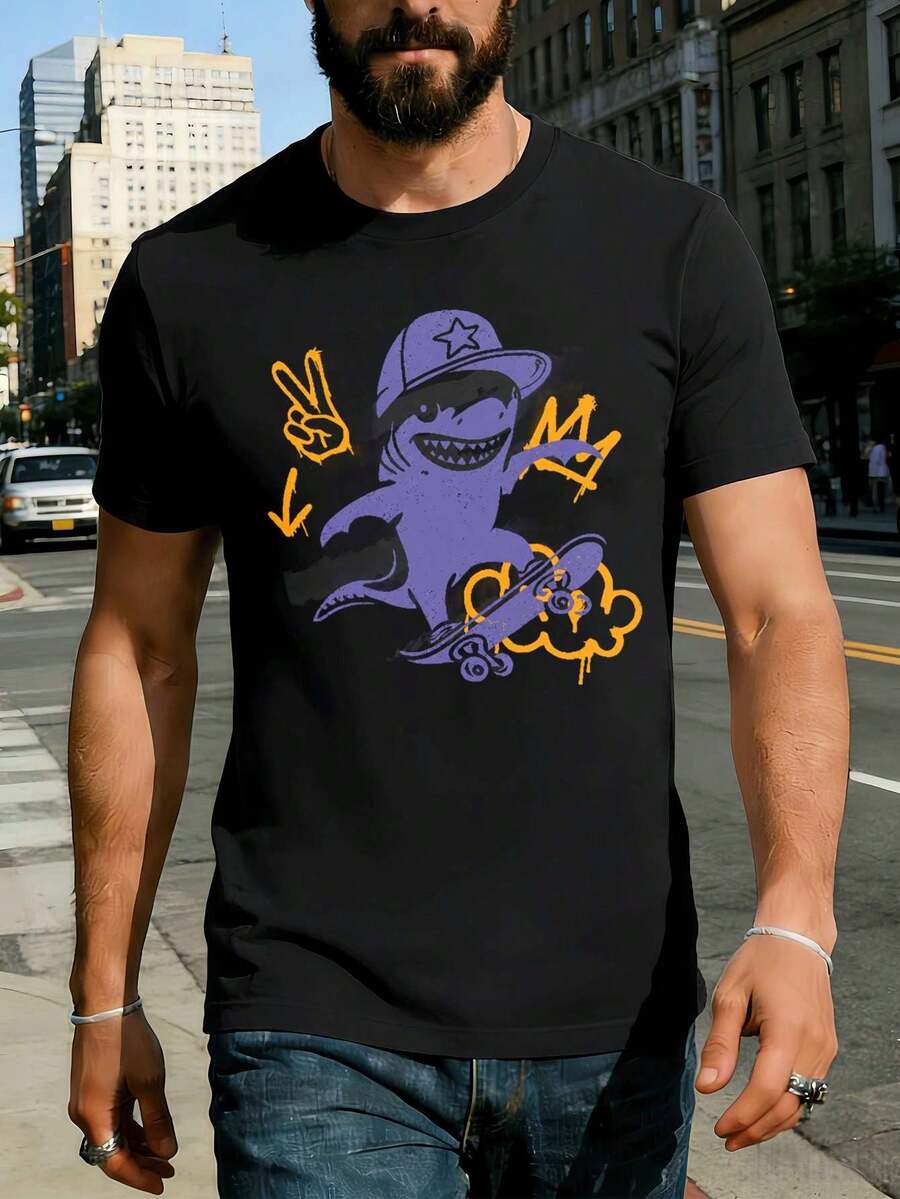 Skater-Hai-T-S HIR T für Herren, weiche Baumwolle, Street-Hip-Hop-Stil, bequem, strapazierfähig, hochwertiger Druck. - Schwarz - Übersicht 1