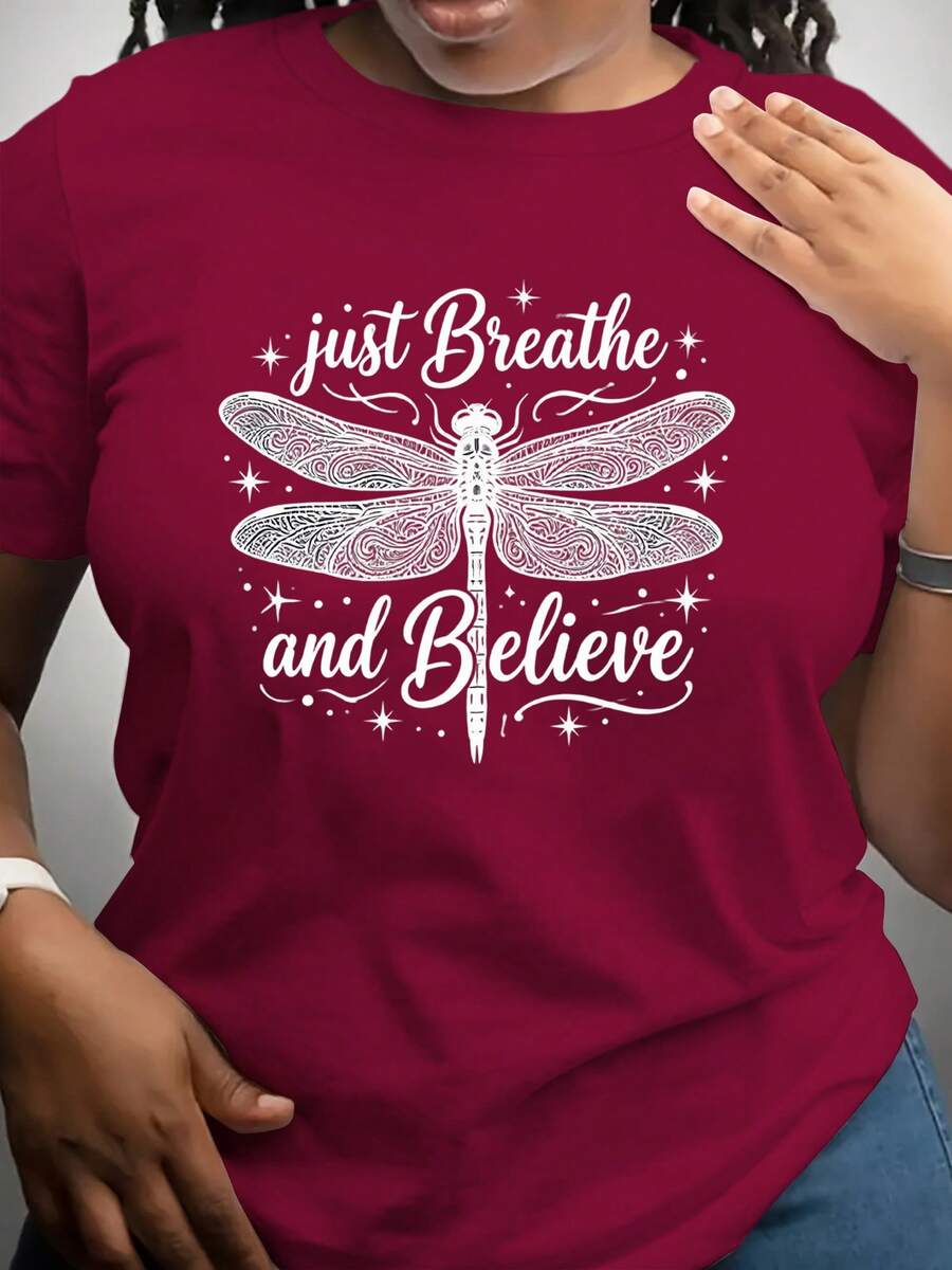 Dragonfly, Women's Casual Short-Sleeved Round Neck T-Shirt, Fashionable, Made Of Soft And Breathable Fabric, Machine Washable, Regular Fit, Suitable For Everyday Comfort In Spring And Summer, T-Shirt With Artistic Print. - Đỏ - Xem 1