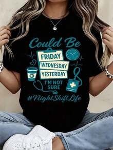 Camiseta con estampado de vida nocturna e íconos médicos para uso casual y deportivo - Estilo urbano vintage, unisex, de algodón, manga corta, cuello redondo, 100% algodón. - Negro - Ver 1