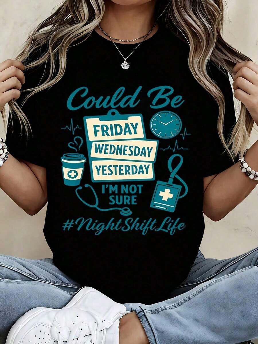 Camiseta con estampado de vida nocturna e íconos médicos para uso casual y deportivo - Estilo urbano vintage, unisex, de algodón, manga corta, cuello redondo, 100% algodón. - Negro - Ver 1
