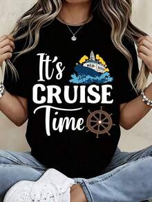 Cruise Time T-Shirt With Boat Print And Ruffle For Casual And Sporty Outfits - Urban Vintage Style, Unisex, Cotton, Short Sleeve, Round Neck, 100% Cotton. - 黑色 - 查看 7