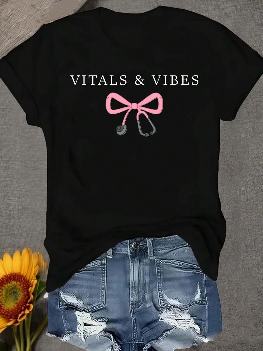 Una camiseta de manga corta para mujer, moderna, a la moda, retro, casual y holgada, adecuada para actividades al aire libre en primavera y verano, con diseño de estetoscopio y lazo VITALS VIBES, ideal para el trabajo diario, enfermería, uso casual en casa, tipo pullover, cómoda y suave, camiseta de cuello redondo para mujer.blusas para mujer,blusas casuales para dama,tops,, mujer premium,y2k,playeras de mujer curvy,ofertas y liquidaciones ropa mujer,playeras deportivas para mujer,,playeras de hombre, mujer,blusas>elegante SIVV - Negro - Ver 1