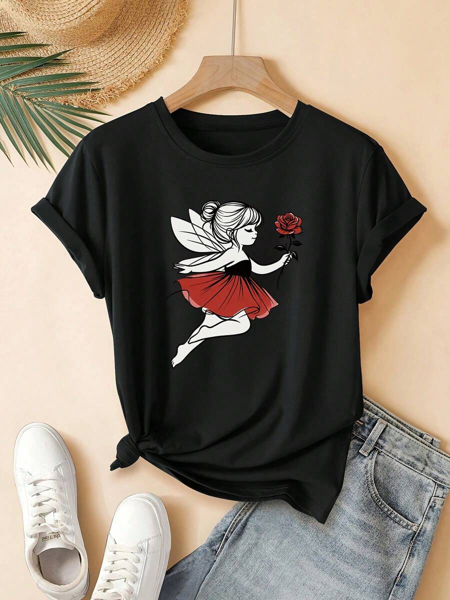 Women's T-Shirt With Dreamy Rose Floral Print, Fun And Fashionable, Cute And Cheerful Design, Short Sleeves And Round Neck, For Young Women, Machine Washable, Suitable For Everyday Casual Street Style, A Great Gift Choice, Ideal For Home, Office And Other Occasions. - 黑色 - 查看 1