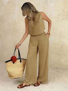 Frenchy Conjunto de 2 piezas de top de tirantes y pantalones de unicolor casual para vacaciones de mujer - Caqui - Ver 2