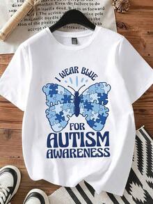 Camiseta Vintage de Algodón, Camiseta de Concientización sobre el Autismo, Rompecabezas Azul, Mariposa, Uso Azul para la Concientización sobre el Autismo, Camiseta Gráfica para Mujeres y Hombres, Apoyo a Campañas de Concientización sobre el Autismo, Ropa Casual para Uso Diario y Eventos, 220g para Uso Diario. - Blanco - Ver 4