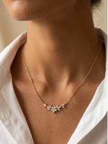1pc Cubic Zirconia Flower Leaf Heart Snake Pendant Necklace, Gold Jewelry, Bridesmaid Gift, Gift For Her - Yellow Gold - View 3