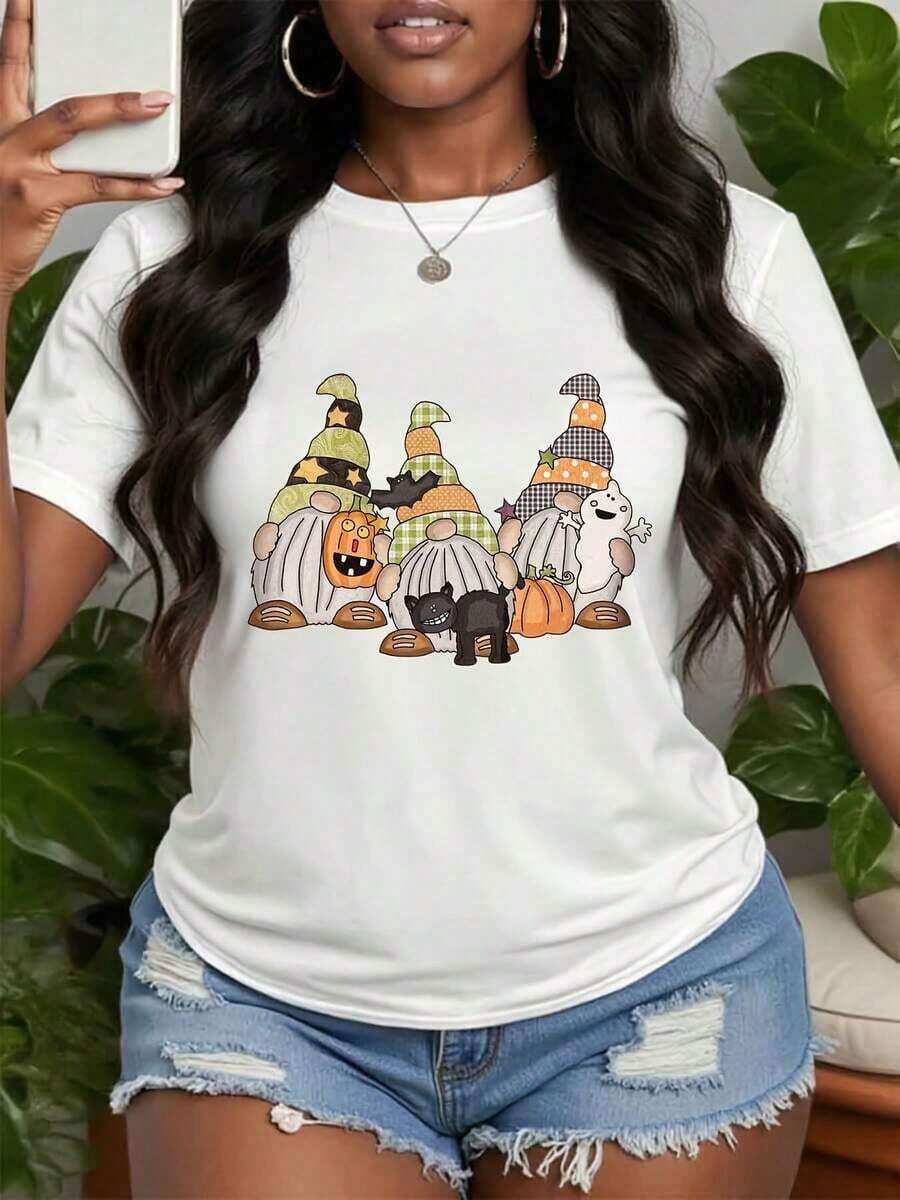 Camiseta para amantes de los gnomos Happy Hallothanksmas, Camiseta de Feliz Halloween y Feliz Navidad, Camiseta unisex casual de manga corta con patrón de gnomos, Atuendo para fiestas de Halloween y Navidad, Regalos festivos ideales para todas las temporadas, playeras de mujer - Blanco - Ver 1
