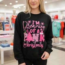 Camiseta de algodón con estampado navideño para mujer, camiseta gráfica con la frase "I'm Dreaming Of A Pink Christmas", top casual de manga larga, corte holgado, cuello redondo, tallas S-5XL, regalo para fiestas navideñas, ropa festiva de Navidad, tela suave y cómoda, diseño lindo de árbol con copos de nieve, playeras de mujer. - Negro - Ver 7
