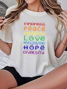 Camiseta de Mujer Casual con Cuello Redondo, Opciones en Blanco y Negro, Estampado con Mensajes Inspiradores de Amabilidad, Paz, Igualdad, Amor, Inclusión, Esperanza, Diversidad, Camisetas para Uso Diario, Tops de Verano, Camisetas Gráficas, Conjuntos de Verano, Camisetas Cortas para Mujer, Ropa Linda de Algodón Vintage para Mujer, Playera Holgada para Mujer - Blanco - Ver 1
