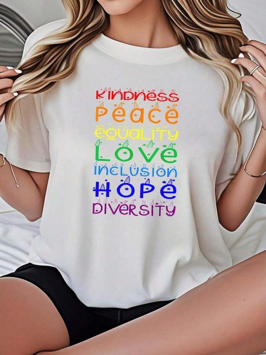 Camiseta de Mujer Casual con Cuello Redondo, Opciones en Blanco y Negro, Estampado con Mensajes Inspiradores de Amabilidad, Paz, Igualdad, Amor, Inclusión, Esperanza, Diversidad, Camisetas para Uso Diario, Tops de Verano, Camisetas Gráficas, Conjuntos de Verano, Camisetas Cortas para Mujer, Ropa Linda de Algodón Vintage para Mujer, Playera Holgada para Mujer - Blanco - Ver 1