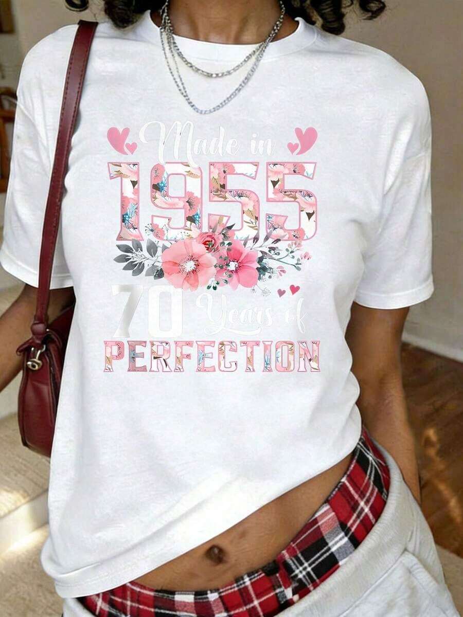 1 pieza Camiseta con estampado floral para mujer de 70 años nacida en 1955, regalo de cumpleaños número 70, manga corta, cuello redondo, top casual para verano y primavera, ropa de mujer, 180g, 100% algodón. - Blanco - Ver 1