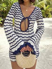 Vestido de punto minimalista y elegante para mujer, de estilo bohemio, adecuado para vacaciones, fiestas en la playa, festivales de música, salidas, vacaciones y citas.Nuevo para primavera/verano, con un diseño atrevido y sexy de corte ajustado. - Azul y blanco - Ver 1