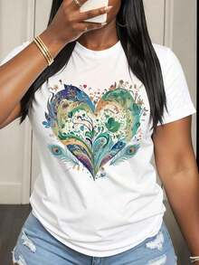 Camiseta de Mujer con Diseño Floral de Corazón de Pavo Real, Estilo Casual de Verano, Estampado Gráfico, Cuello Redondo Blanco, Camiseta de Moda para Uso Diario y Ocasiones Especiales. - Blanco - Ver 7