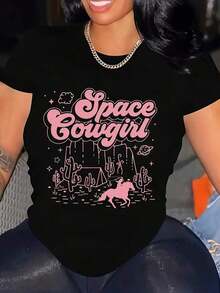 Soft Space Cowgirl Bachelorette Party Rodeo Girls Women T-Shirt SCB2510530 At Black Product Image Same Style For Men And Women Summer Printed Short Sleeve T-Shirt Pure Cotton 200G-1-1, Casual Blouses, Women's Cotton T-Shirts - 黑色 - 查看 6