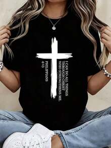 Camiseta con Estampado de Cruz y Frase Inspiradora para Atuendos Casuales y Deportivos - Estilo Urbano Vintage Unisex, Camiseta de Manga Corta de Algodón 100% con Cuello Redondo - Negro - Ver 3