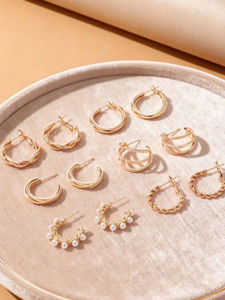 优雅合金珍珠耳环套装 - 金黃色 - 查看 1