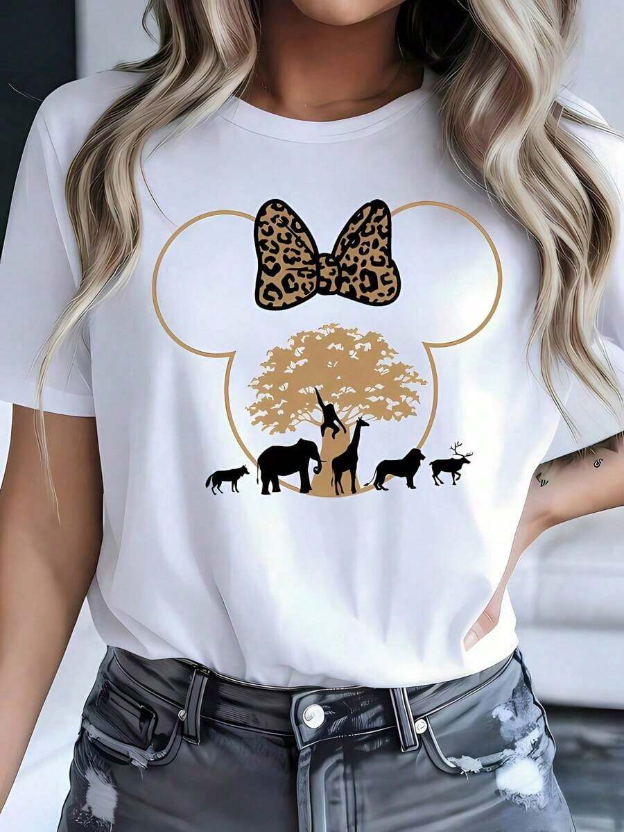 Women's Casual White Cotton T-Shirt With Regular Sleeves And Round Neck, Featuring A Leopard Print Bow And Safari Animal Graphic, Regular Length And Slightly Stretchy Fabric. - 白色 - 查看 1