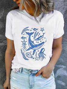 Women's Printed Short-Sleeved T-Shirt With Round Neck, Modern And Casual, Machine Washable, Comfortable Fit, 2D Flat Print, Casual 2D Blouses For Women. - 白色_08 - 查看 7