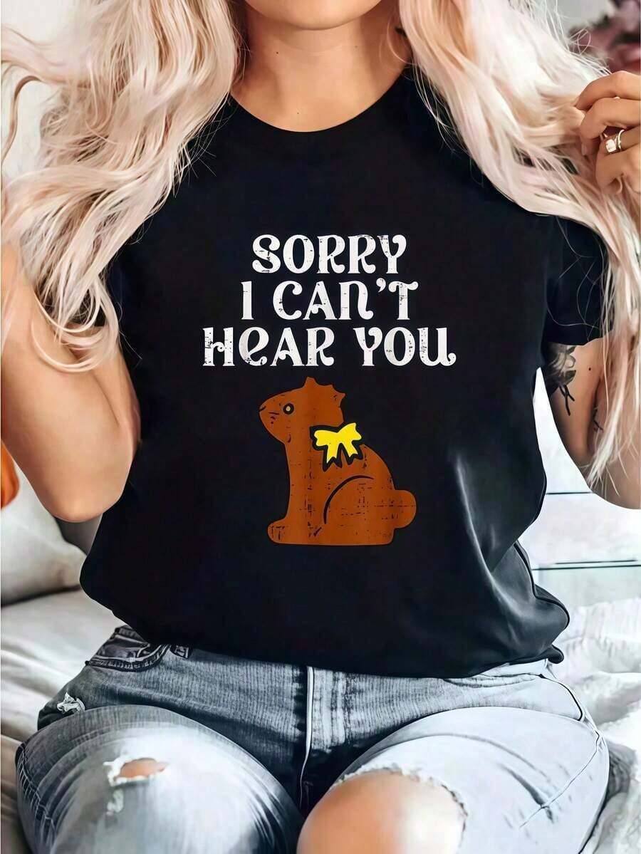 Round Neck Camiseta De Conejo De Pascua De Chocolate Lo Siento, No Puedo Oírte Para Hombres, Mujeres Y Niños, Camiseta Informal De Cuello Redondo De Manga Corta Cómoda Para Primavera Y Veran - Negro - Ver 1