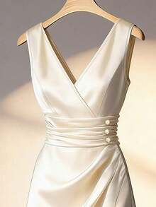 Vestido maxi elegante de satén color crema marfil sin mangas con cuello en V, cintura fruncida y abertura lateral. Alta calidad para ocasiones formales y citas - Negro - Ver 3