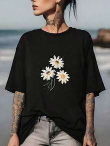 Camiseta de Mujer con Estampado Floral de Moda de 200g - Ideal para Verano, Salidas Familiares y Actividades de Team Building en la Empresa |   Regalo único para el Día de la Independencia, camiseta informal para exteriores. Top cómodo y versátil de manga corta. - Negro - Ver 1