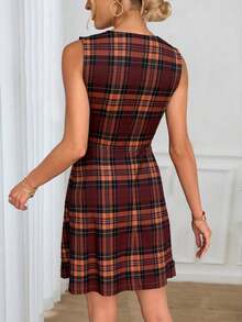 Vestido femenino sin mangas cuello redondo a cuadros rojo elegante - Rojo - Ver 4